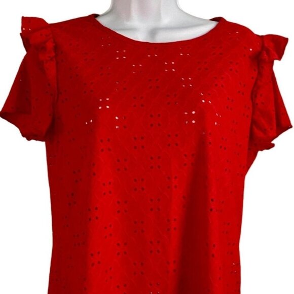 Ava James Red Short Sleeve Eyelet Top Ruffle Sleeves Women's Medium NEW - Picture 3 of 9